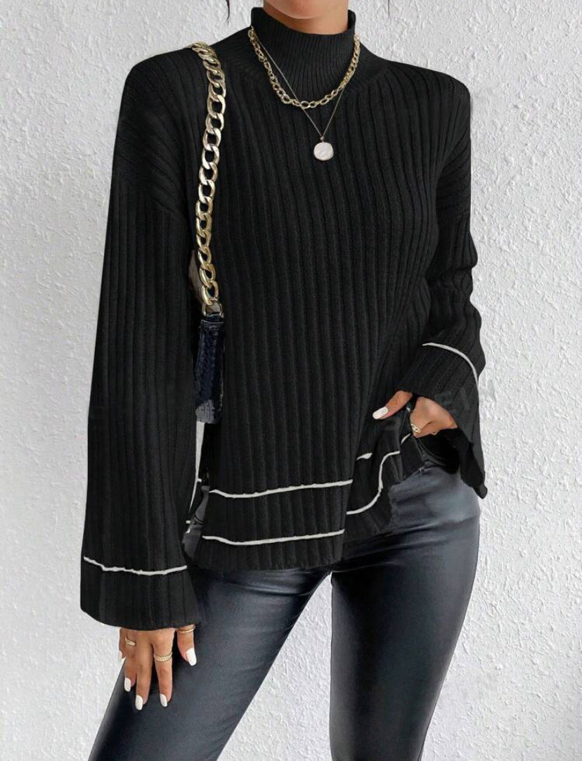 Sigrun | Women's Ribbed Knit Jumper | Contrast Stripe Flare Sleeves