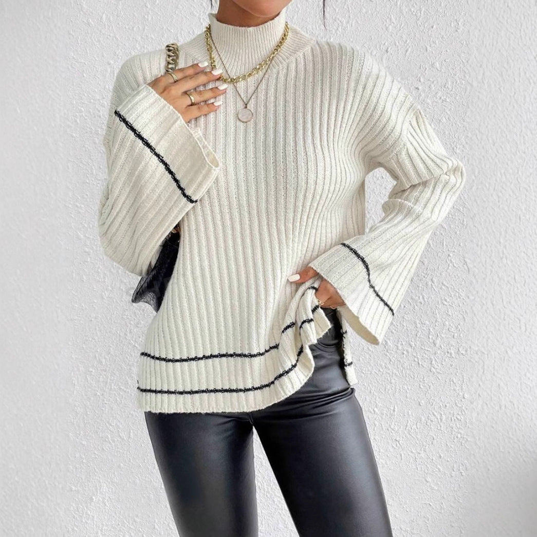 Sigrun | Women's Ribbed Knit Jumper | Contrast Stripe Flare Sleeves