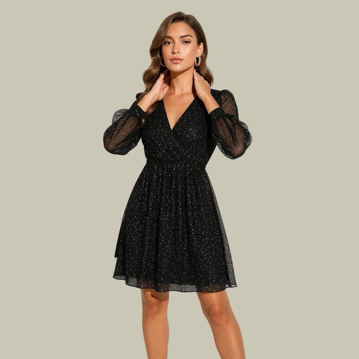 Rhodope | Women's Long Sleeve Sequin Mini Dress | V Neck