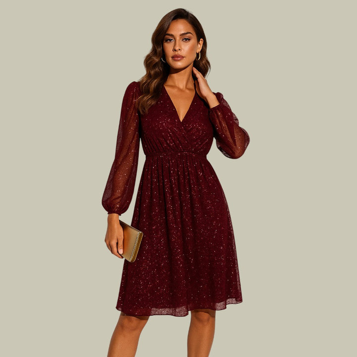 Rhodope | Women's Long Sleeve Sequin Mini Dress | V Neck