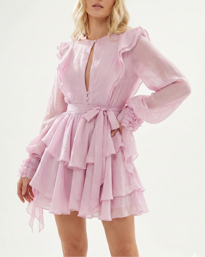 Thandeka | Women's Long Sleeve Evening Dress | Shirt Belted Ruffle