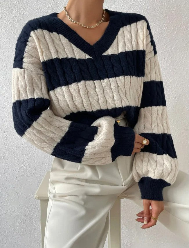 Precious | Women's Striped Cable Knit Jumper | V-Neck Balloon Sleeves