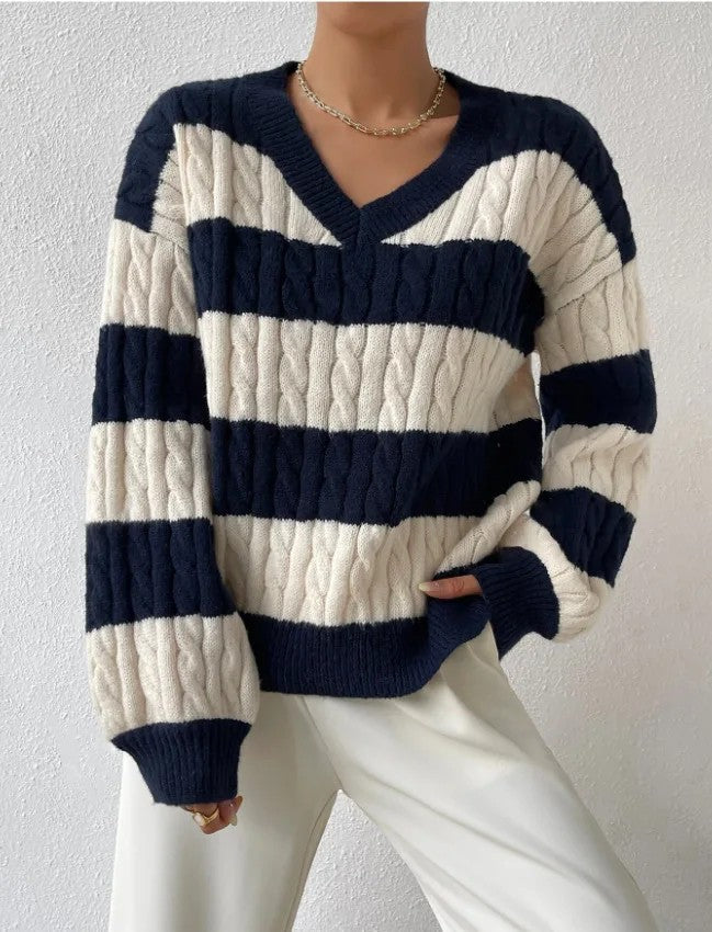 Precious | Women's Striped Cable Knit Jumper | V-Neck Balloon Sleeves