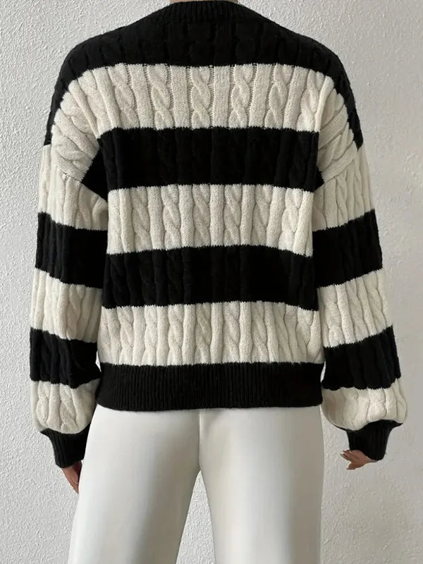 Precious | Women's Striped Cable Knit Jumper | V-Neck Balloon Sleeves