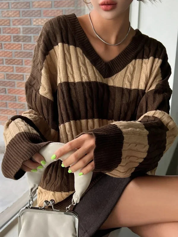 Precious | Women's Striped Cable Knit Jumper | V-Neck Balloon Sleeves