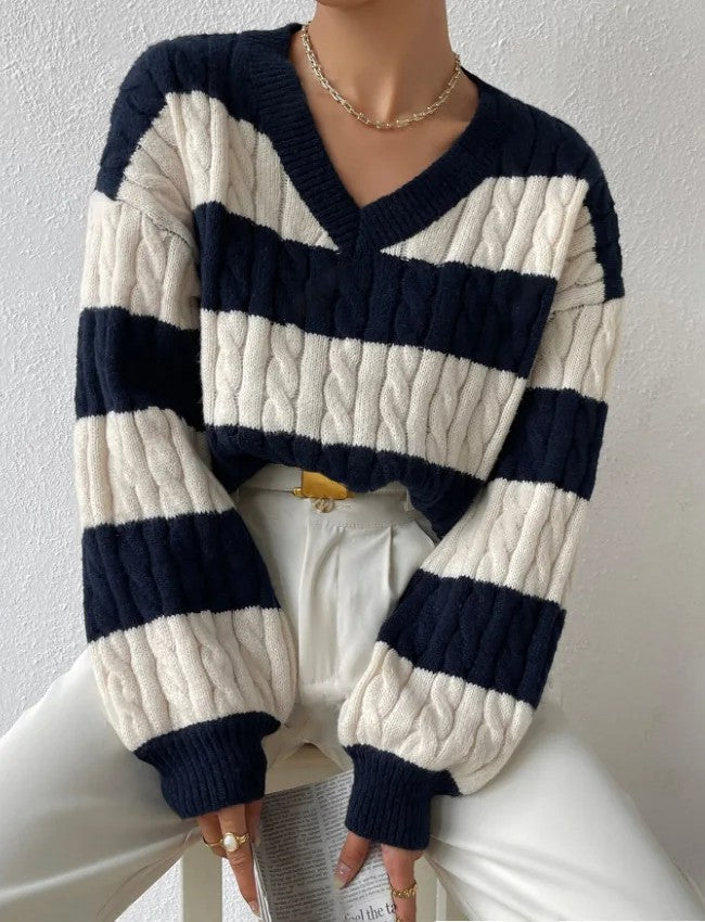 Precious | Women's Striped Cable Knit Jumper | V-Neck Balloon Sleeves