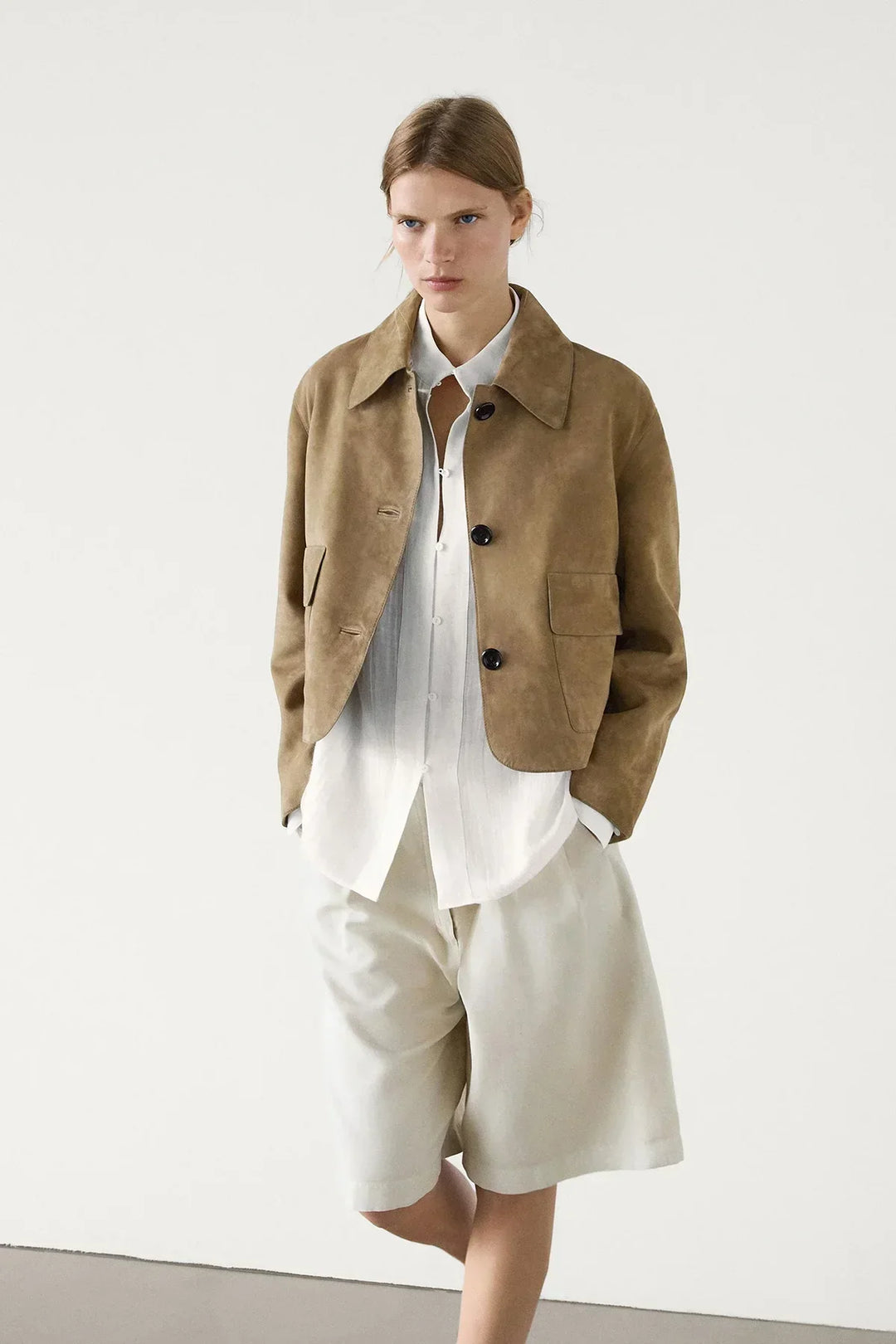 Mariko | Women's Cropped Suede Jacket | Button Up Patch Pocket