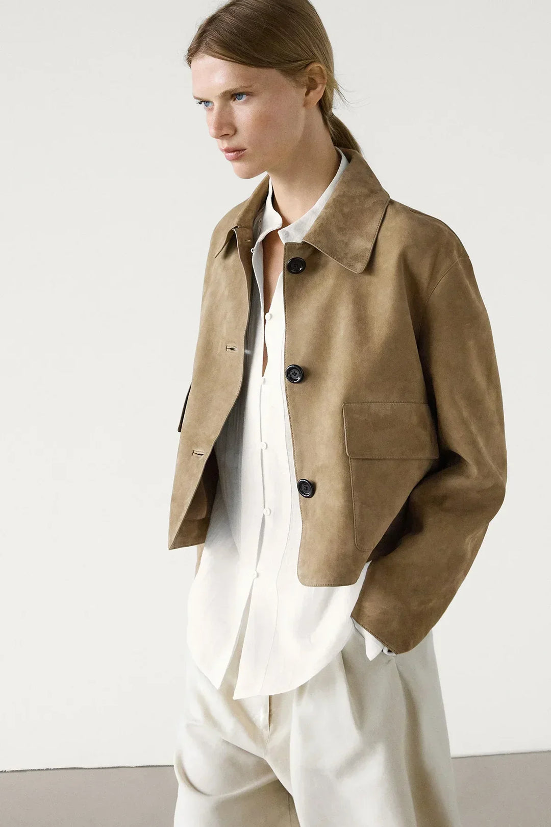 Mariko | Women's Cropped Suede Jacket | Button Up Patch Pocket