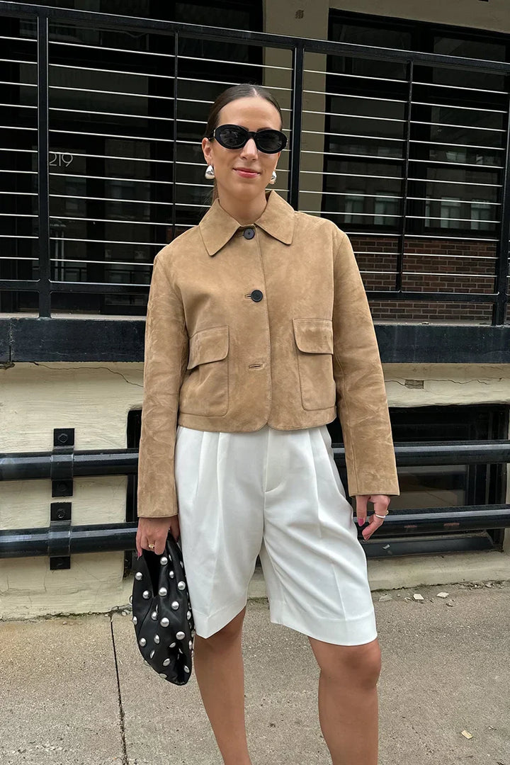 Mariko | Women's Cropped Suede Jacket | Button Up Patch Pocket