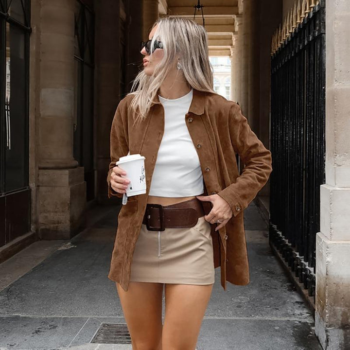Emiko | Women's Oversized Suede Jacket | Button Up Patch Pocket