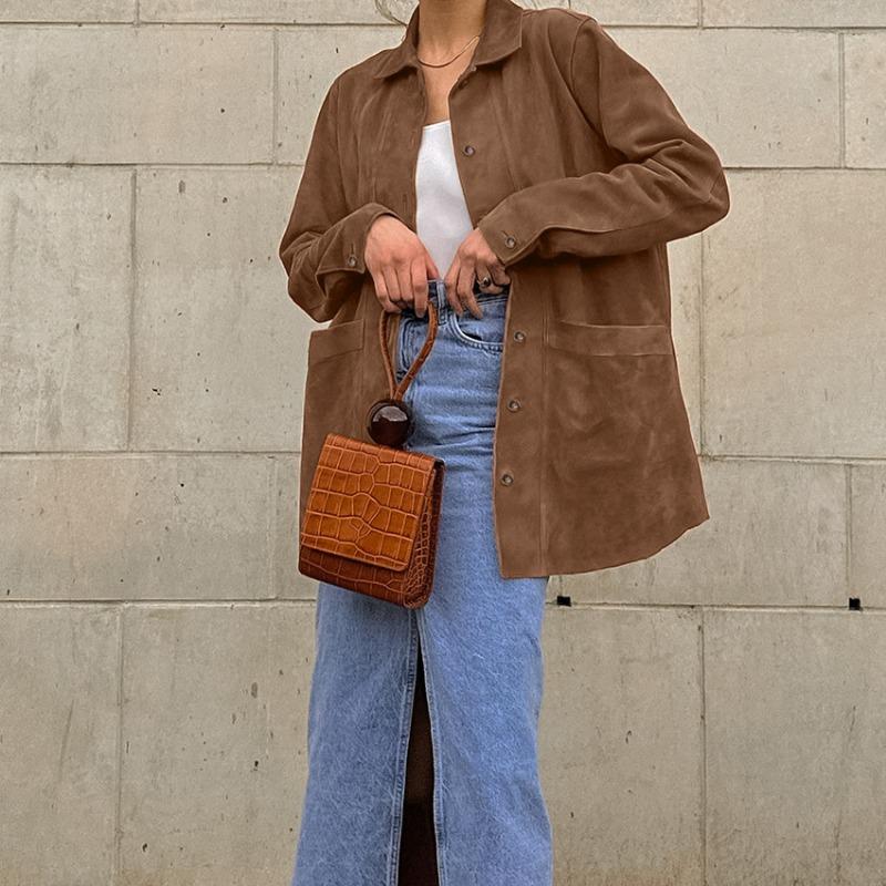Emiko | Women's Oversized Suede Jacket | Button Up Patch Pocket