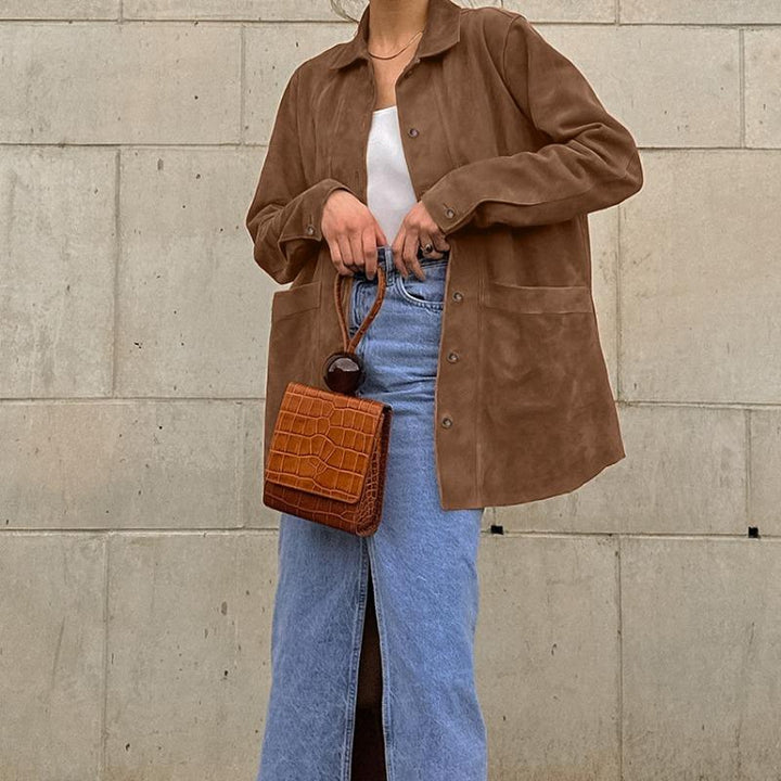 Emiko | Women's Oversized Suede Jacket | Button Up Patch Pocket