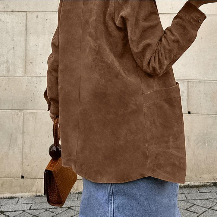 Emiko | Women's Oversized Suede Jacket | Button Up Patch Pocket