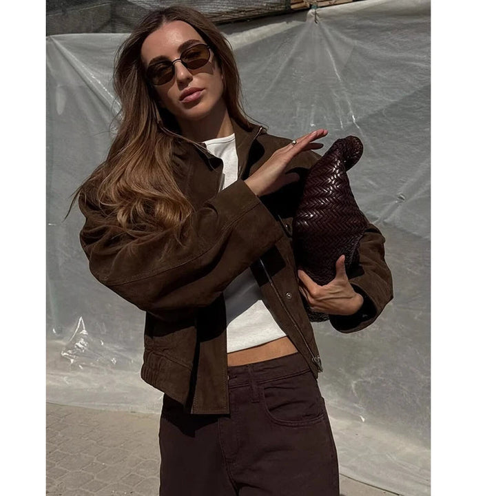 Junko | Women's Suede Bomber Jacket | Snap Buttons Flap Pockets