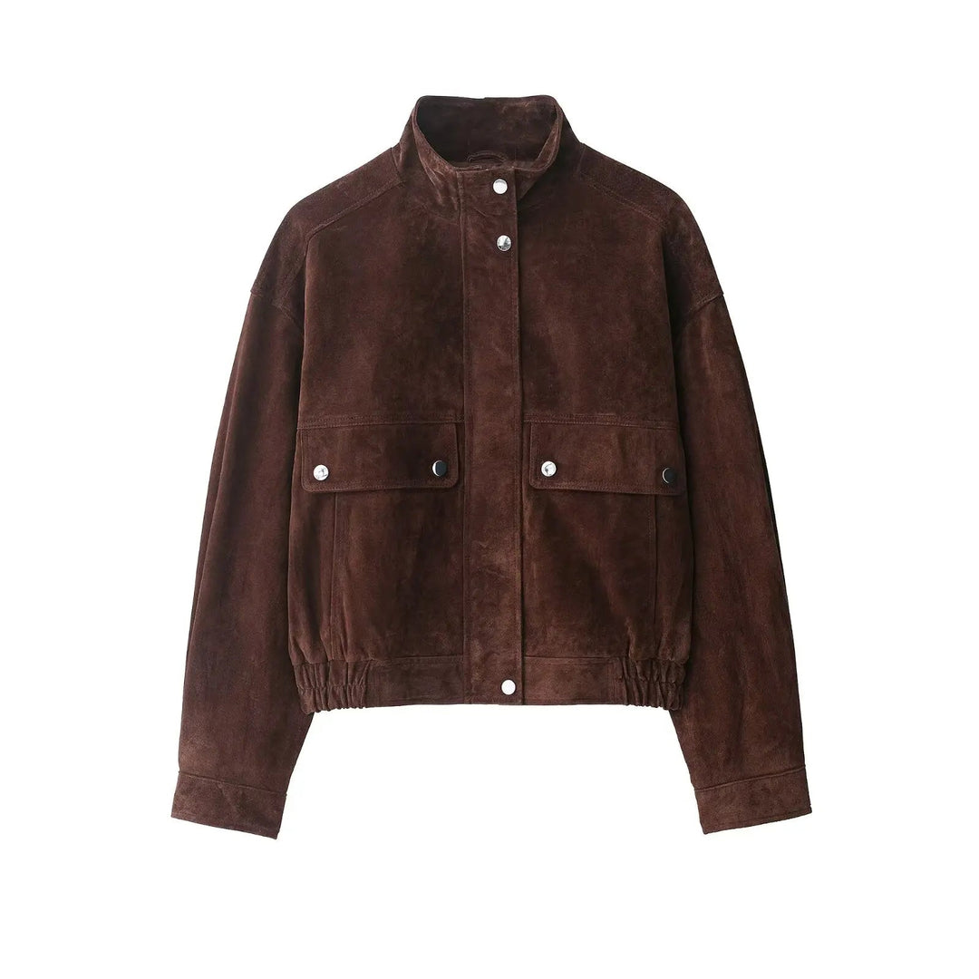 Junko | Women's Suede Bomber Jacket | Snap Buttons Flap Pockets