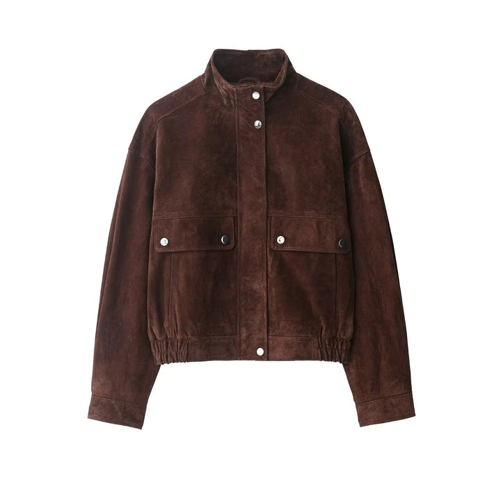 Junko | Women's Suede Bomber Jacket | Snap Buttons Flap Pockets