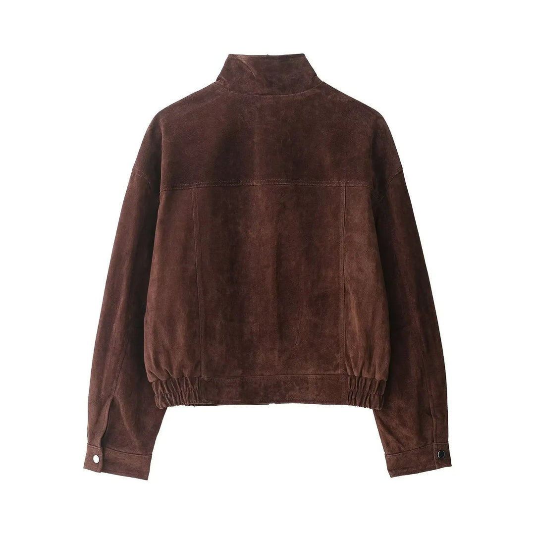 Junko | Women's Suede Bomber Jacket | Snap Buttons Flap Pockets
