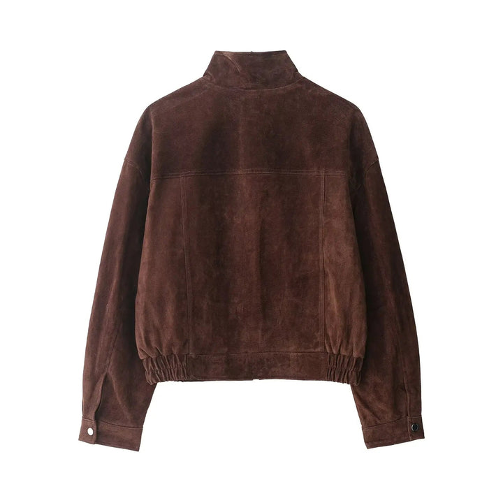 Junko | Women's Suede Bomber Jacket | Snap Buttons Flap Pockets