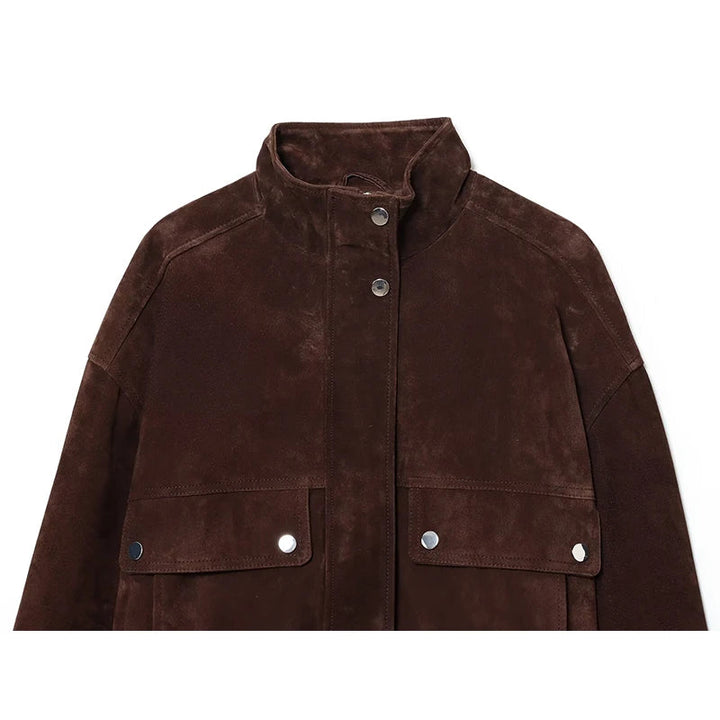 Junko | Women's Suede Bomber Jacket | Snap Buttons Flap Pockets