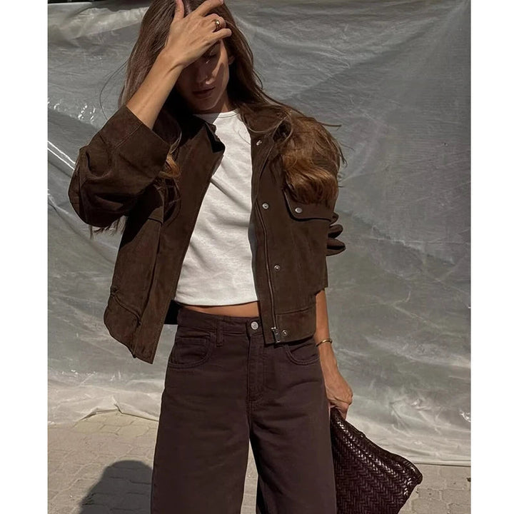 Junko | Women's Suede Bomber Jacket | Snap Buttons Flap Pockets