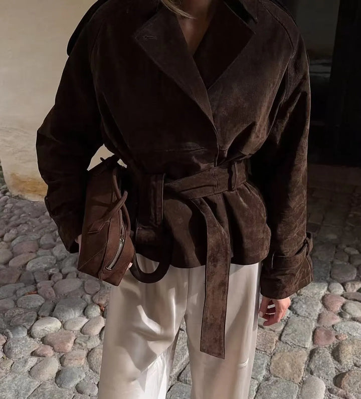 Akiko | Women's Suede Trench Jacket | Tie Belt Notched Lapel