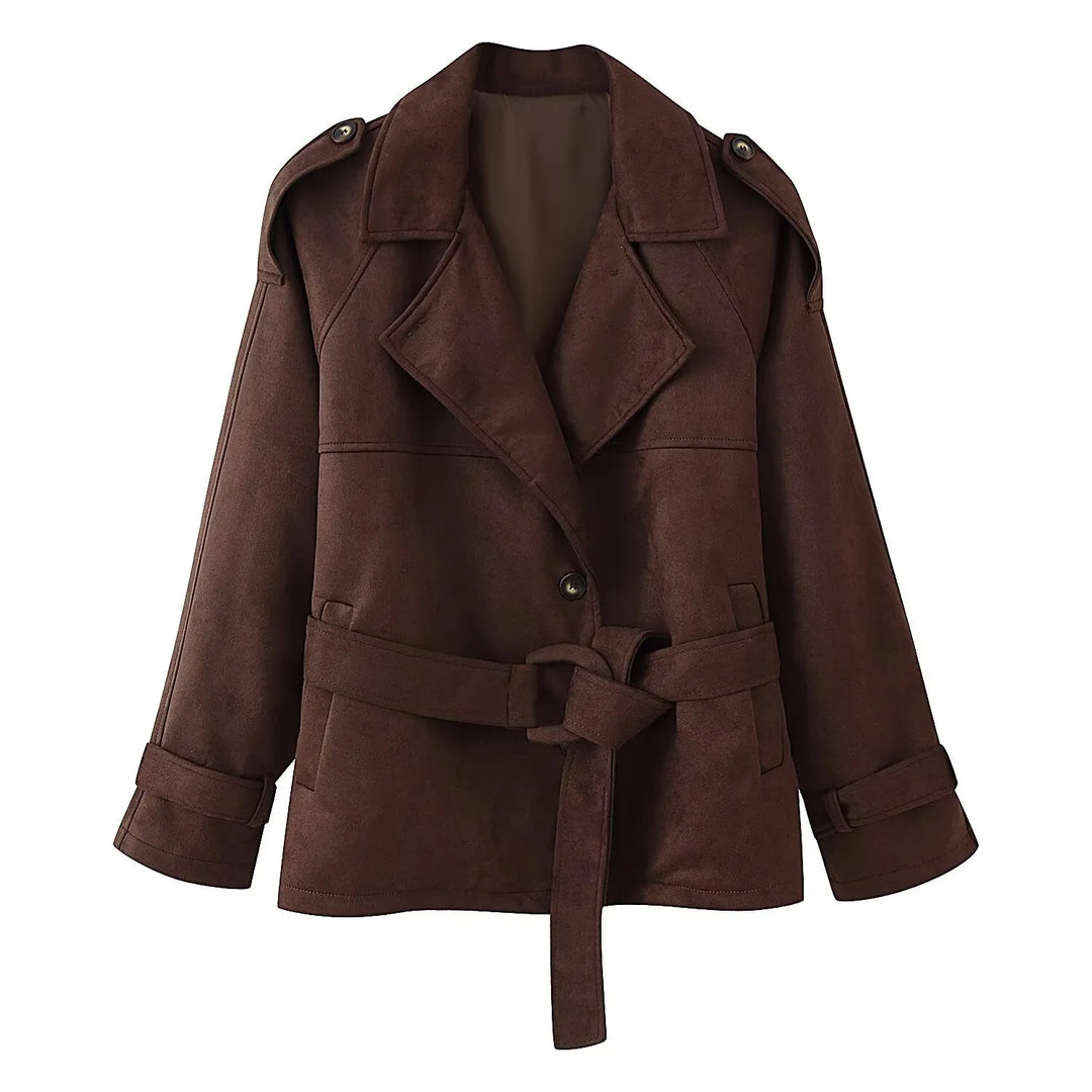 Akiko | Women's Suede Trench Jacket | Tie Belt Notched Lapel