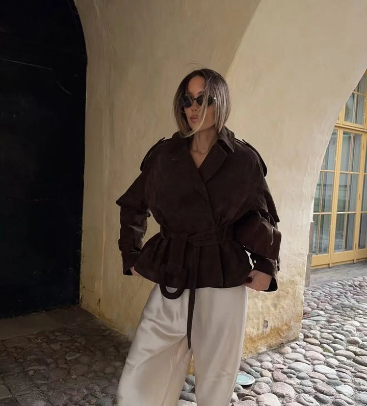 Akiko | Women's Suede Trench Jacket | Tie Belt Notched Lapel