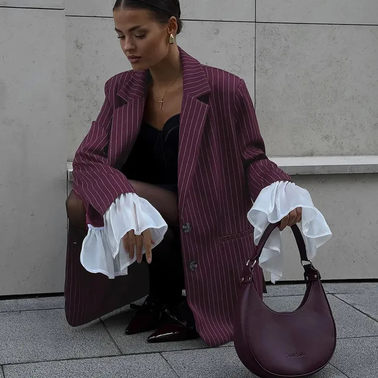 Ruadhnat | Women's Tailored Blazer | Striped Print Ruffle Cuffs Oversized