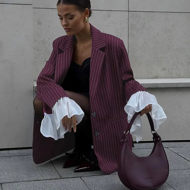 Ruadhnat | Women's Tailored Blazer | Striped Print Ruffle Cuffs Oversized