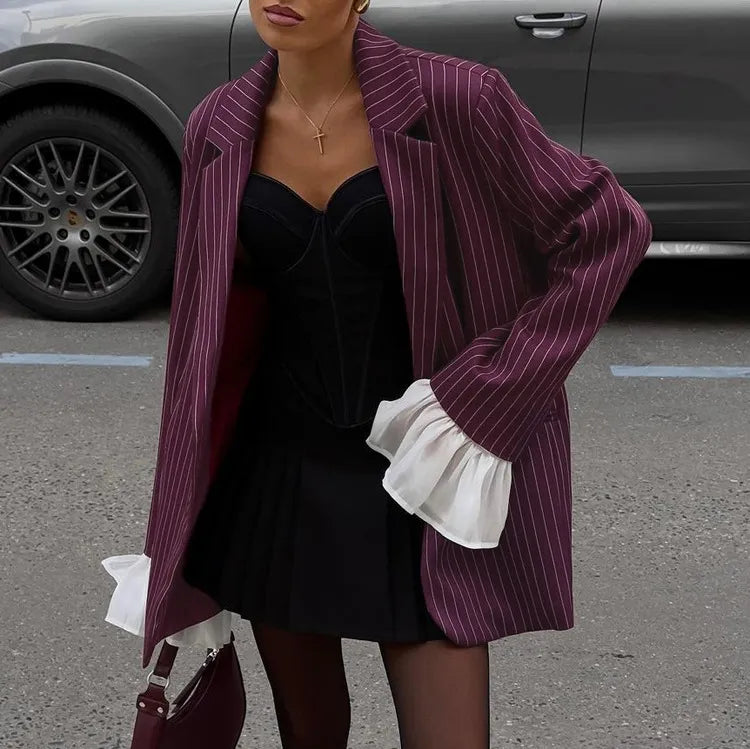 Ruadhnat | Women's Tailored Blazer | Striped Print Ruffle Cuffs Oversized