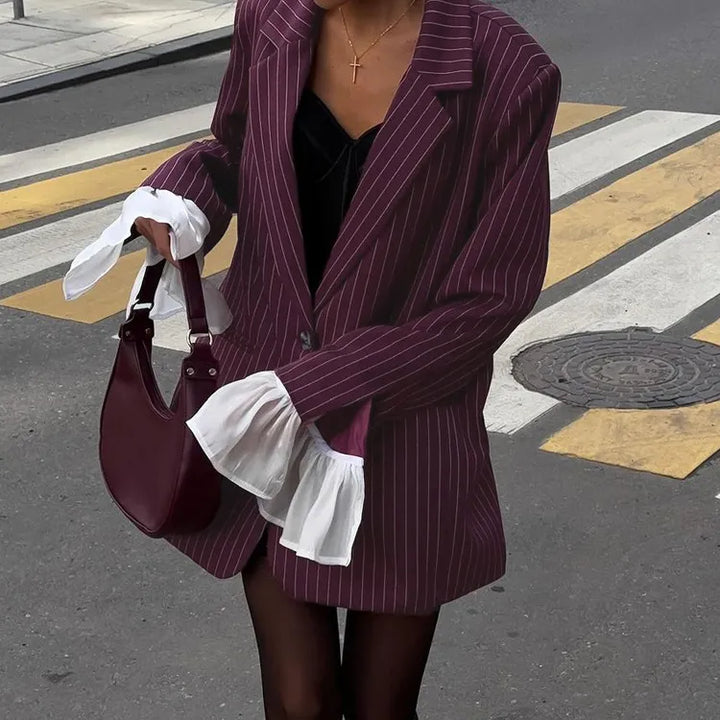 Ruadhnat | Women's Tailored Blazer | Striped Print Ruffle Cuffs Oversized