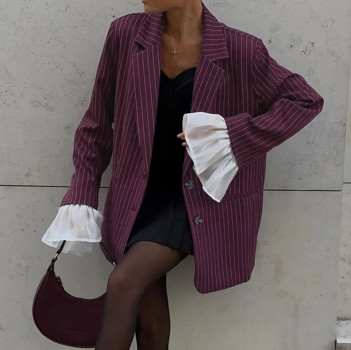 Ruadhnat | Women's Tailored Blazer | Striped Print Ruffle Cuffs Oversized