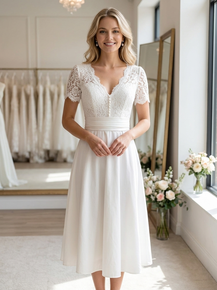 Women’s Wedding Dress V-Neck Short Sleeve | Elegant Midi