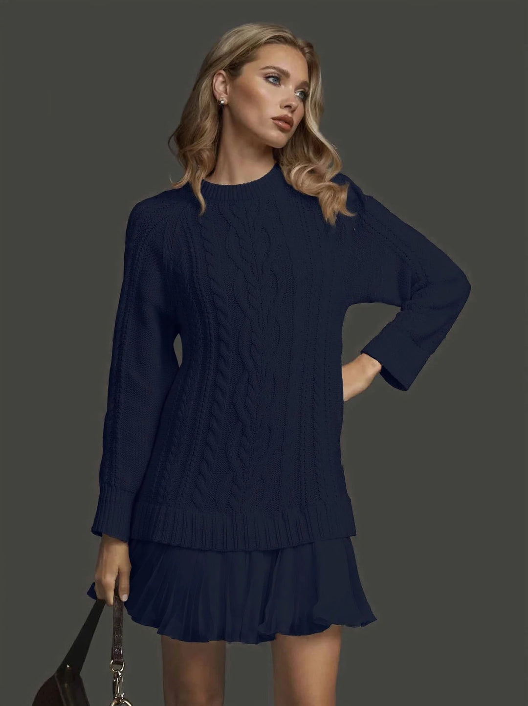 Noemie | Cable Knit Dress | Pleated Hem