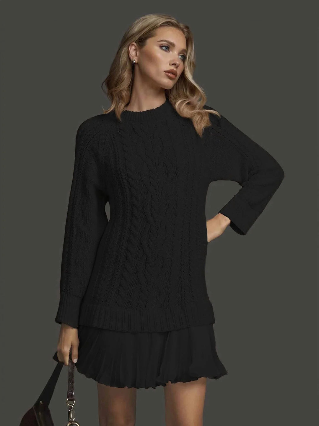 Noemie | Cable Knit Dress | Pleated Hem