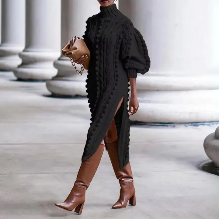 Zara | Cable Knit Midi Dress | Turtle Neck Slit
