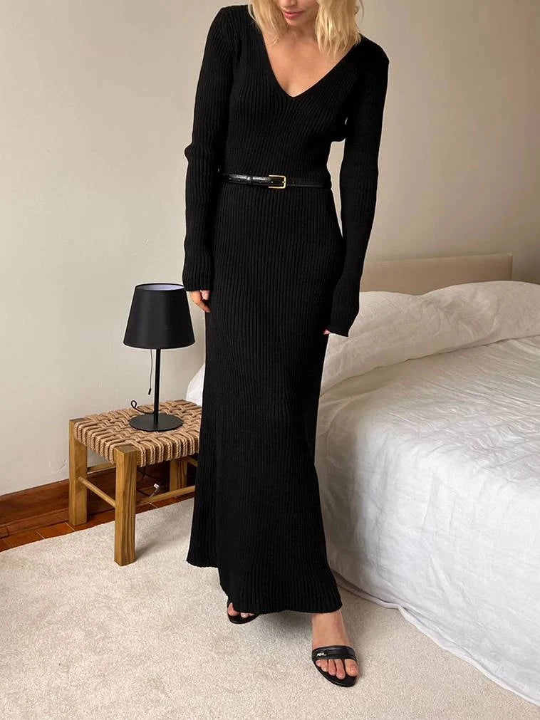 Therese | Knit Ribbed Maxi Dress | V-Neck
