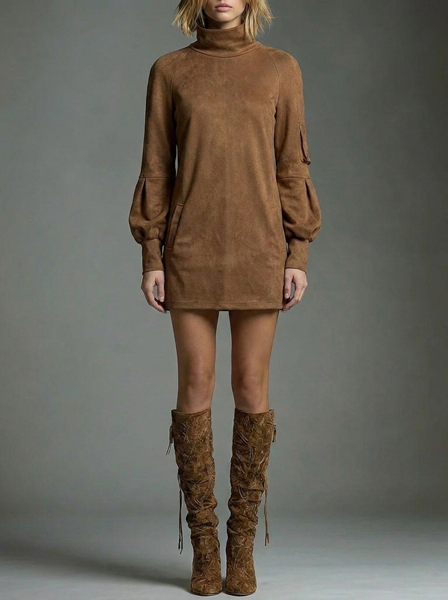 Yara | Winter Mini Dress | Turtle Neck Puff Sleeve