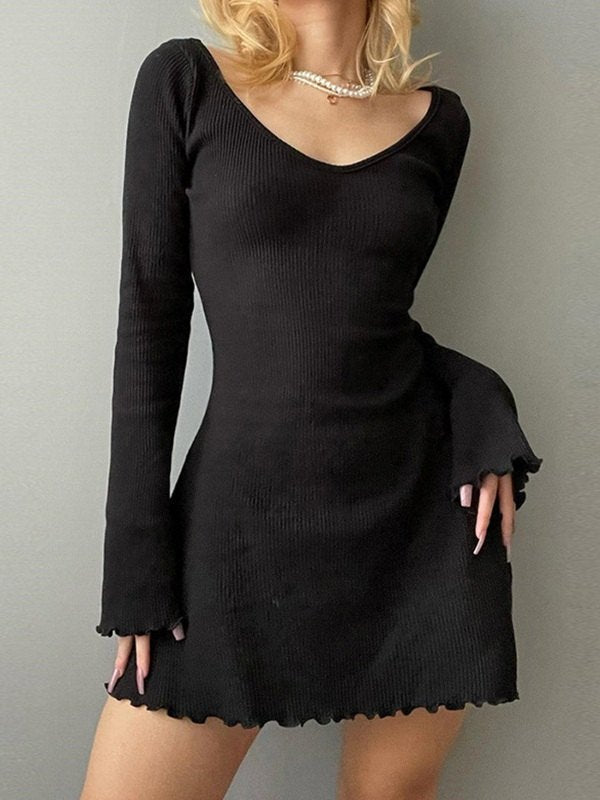 Isabeau | Knit Mini Dress | Ruffle Hem Long Sleeve