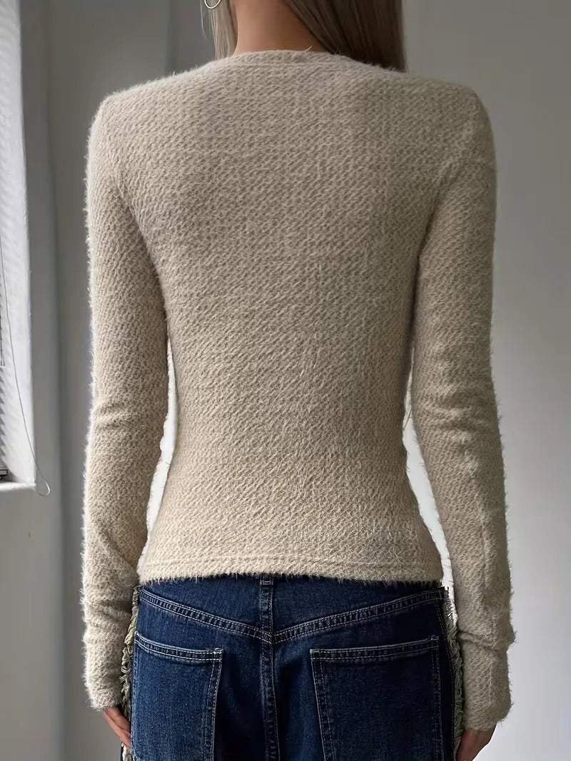Dagmar | Women's Knit Crop Long Sleeve Top | Round Neck