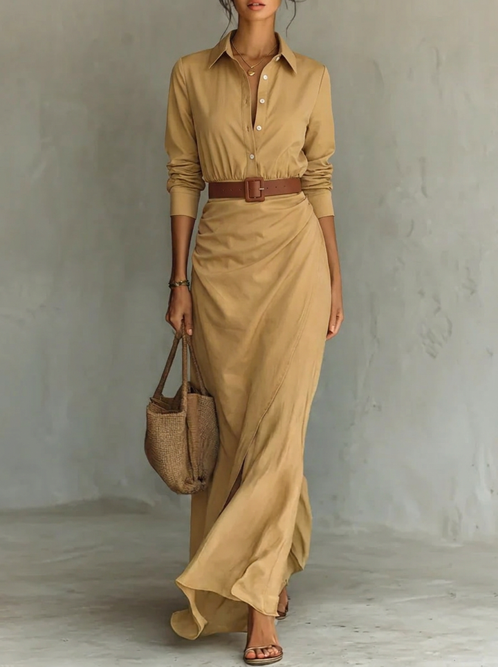Oulixe | Women's Long Sleeve Maxi Shirt Dress | Belt Wrap Skirt
