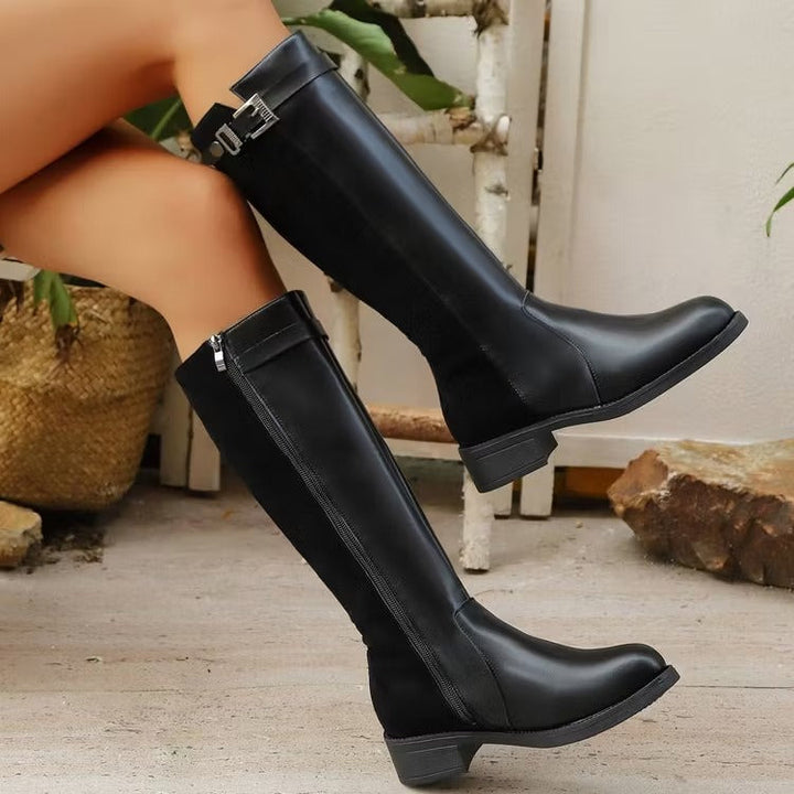 Mercedes | Women's Knee High Boots | Side Zip Buckle Block Heel