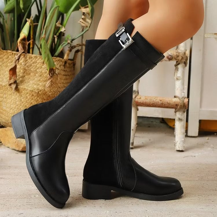 Mercedes | Women's Knee High Boots | Side Zip Buckle Block Heel