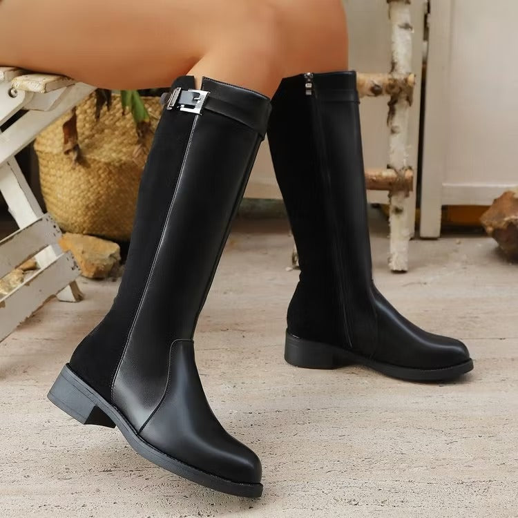 Mercedes | Women's Knee High Boots | Side Zip Buckle Block Heel