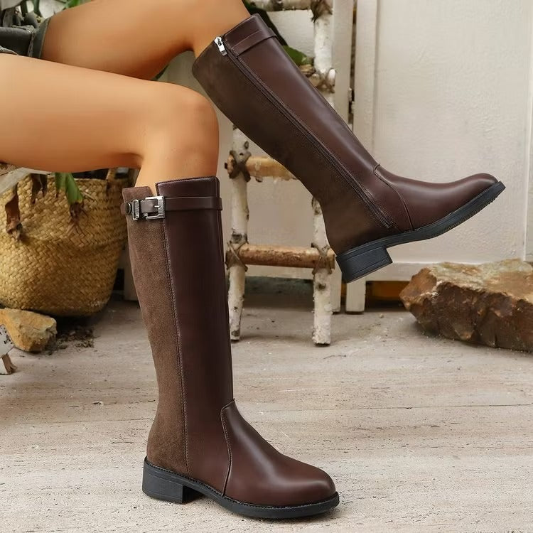 Mercedes | Women's Knee High Boots | Side Zip Buckle Block Heel