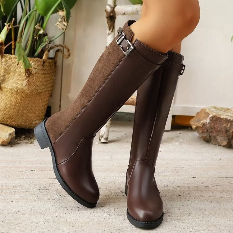 Mercedes | Women's Knee High Boots | Side Zip Buckle Block Heel