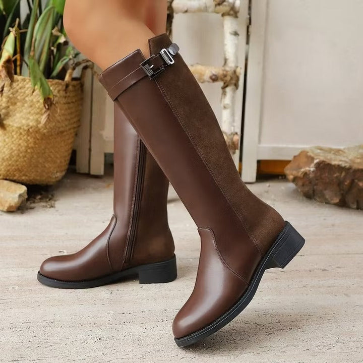 Mercedes | Women's Knee High Boots | Side Zip Buckle Block Heel