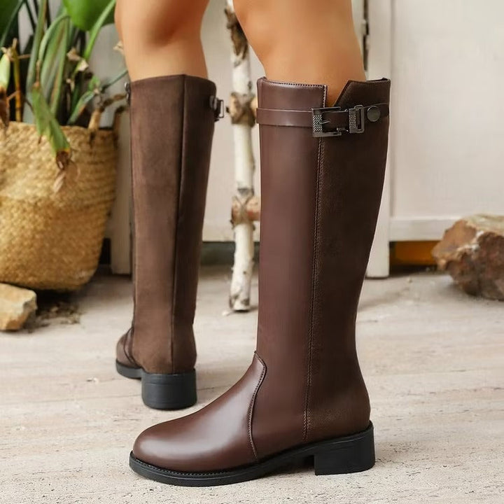 Mercedes | Women's Knee High Boots | Side Zip Buckle Block Heel