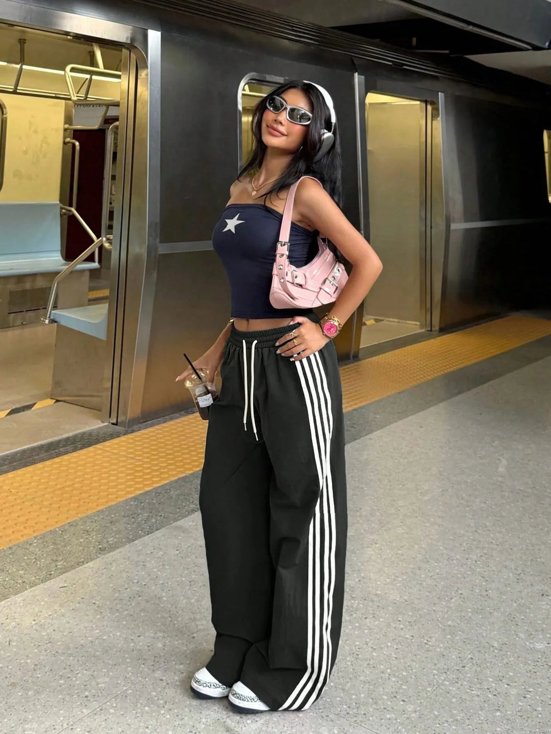 Urania | Women's Baggy Wide Leg Track Pants | Side Stripe