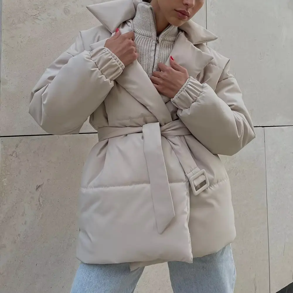 Gunnvor | Women's Belted Puffer Winter Jacket | Wide Lapel Wrap